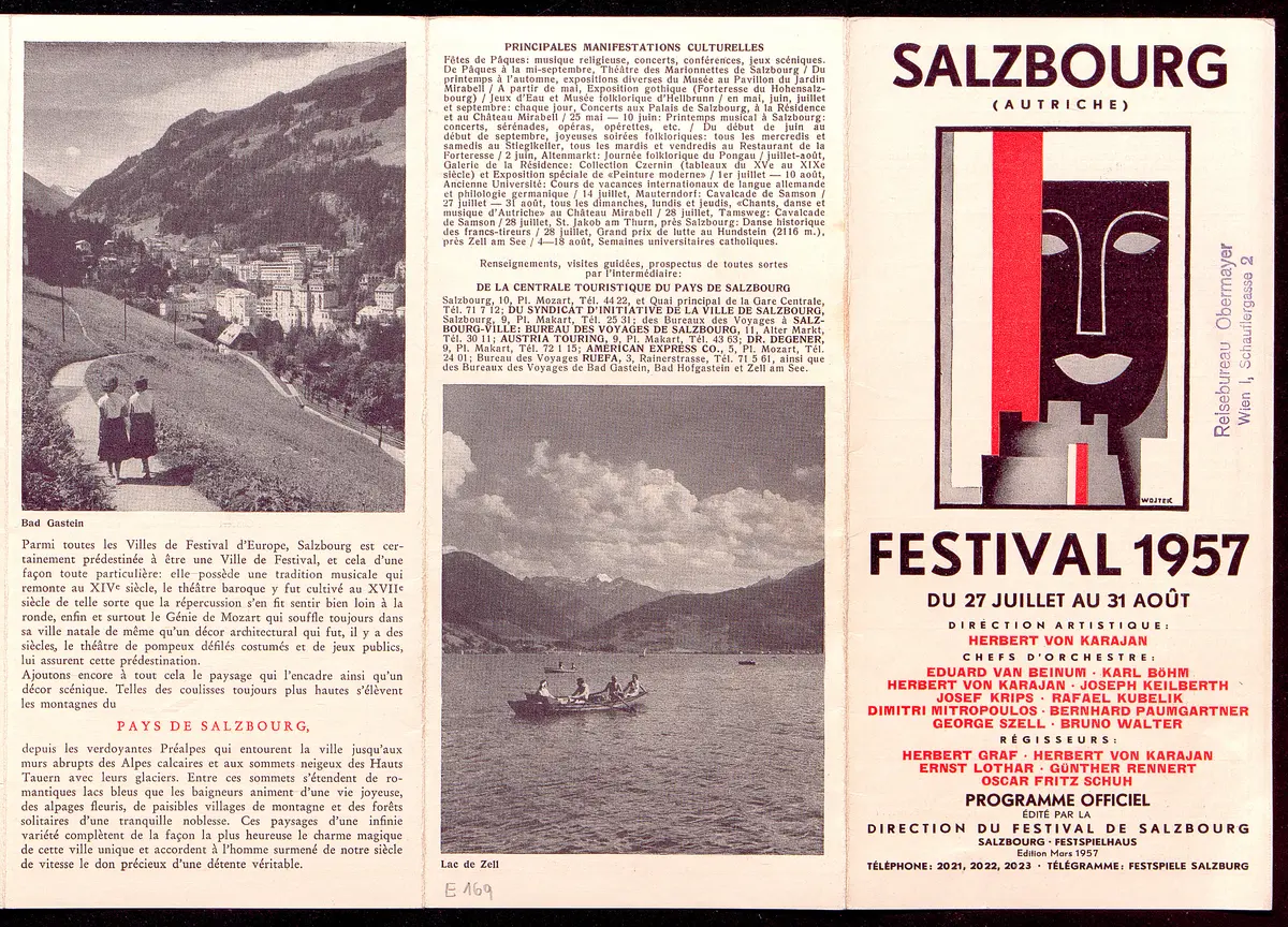 Salzburger Festspiele 1957, Titel in Vorlageform: Salzbourg Festival 1957, Verweis auf Stücktitel: Fidelio, Verweis auf Stücktitel: Schule der Frauen, Verweis auf Stücktitel: Cosi fan tutte, Verweis auf Stücktitel: Entführung aus dem Serail, Figaros Hochzeit, Verweis auf Stücktitel: Elektra, Verweis auf Stücktitel: Falstaff, Verweis auf Stücktitel: Jedermann, Verweis auf Stücktitel: Emilia Galotti, Verweis auf Stücktitel: Ein Hauch von Poesie