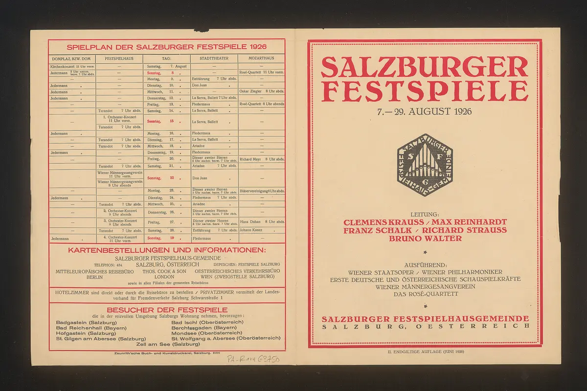 Salzburger Festspiele 1926, Verweis auf Stücktitel: Ariadne aus Naxos, Verweis auf Stücktitel: Don Juan, Verweis auf Stücktitel: Die Entführung aus dem Serail, Verweis auf Stücktitel: Die Fledermaus, Verweis auf Stücktitel: La serva padrona, Verweis auf Stücktitel: Turandot, Verweis auf Stücktitel: Jedermann, Verweis auf Stücktitel: Der Diener zweier Herren