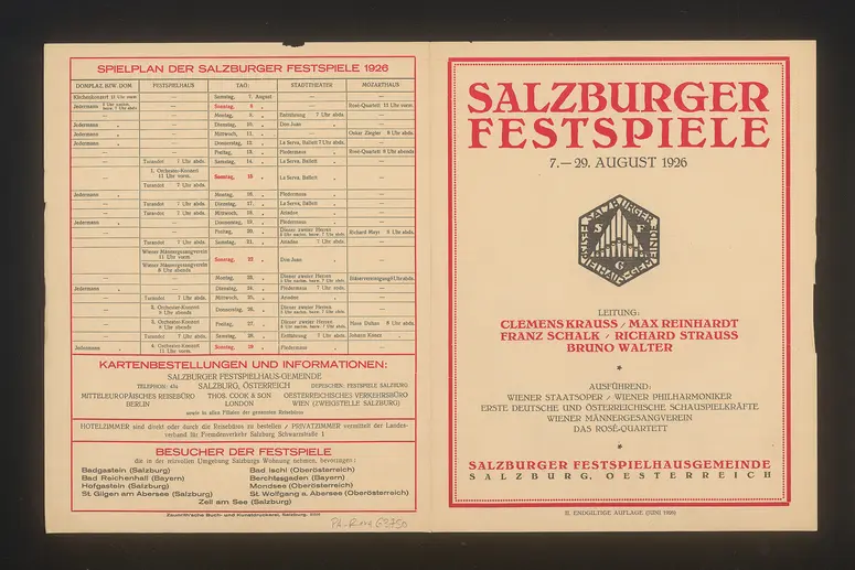 Salzburger Festspiele 1926, Verweis auf Stücktitel: Ariadne aus Naxos, Verweis auf Stücktitel: Don Juan, Verweis auf Stücktitel: Die Entführung aus dem Serail, Verweis auf Stücktitel: Die Fledermaus, Verweis auf Stücktitel: La serva padrona, Verweis auf Stücktitel: Turandot, Verweis auf Stücktitel: Jedermann, Verweis auf Stücktitel: Der Diener zweier Herren