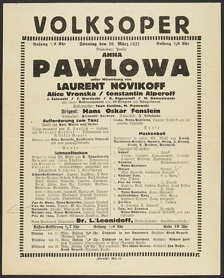 Gastspiel Anna Pawlowa, Aufforderung zum Tanz, Schneeflocken, Maskenball