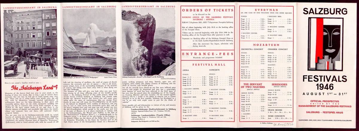 Salzburger Festspiele 1946, Titel in Vorlageform: Salzburg Festivals 1946, Verweis auf Stücktitel: Don Giovanni, Verweis auf Stücktitel: Figaros Hochzeit, Verweis auf Stücktitel: Der Rosenkavalier, Verweis auf Stücktitel: Jedermann, Verweis auf Stücktitel: Der Diener zweier Herren