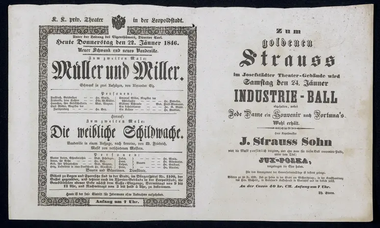 Müller und Miller, Die weibliche Schildwache, Zum goldenen Strauss im Josefstädter Theater-Gebäude wird [...] Industrie-Ball abgehalten, ...