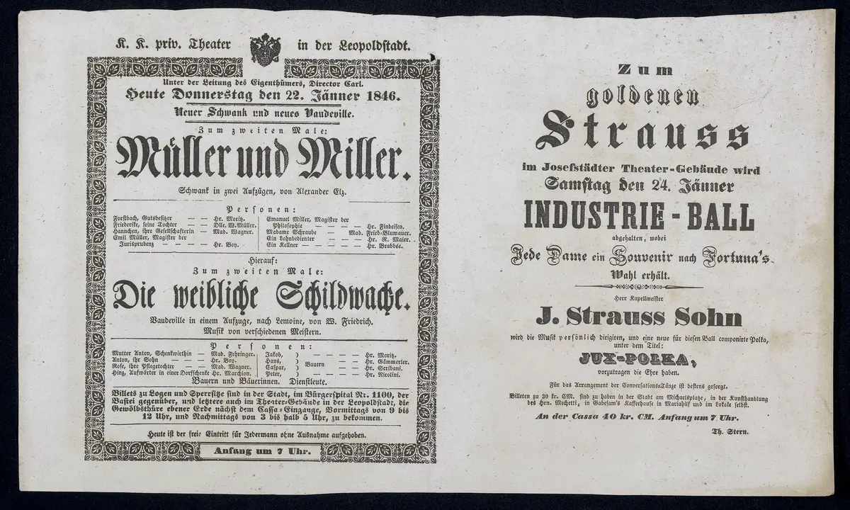 Müller und Miller, Die weibliche Schildwache, Zum goldenen Strauss im Josefstädter Theater-Gebäude wird [...] Industrie-Ball abgehalten, ...