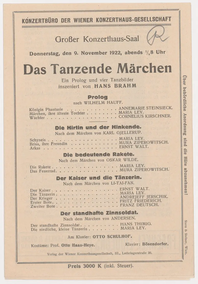 Das Tanzende Märchen, Verweis auf Stücktitel: Die Hirtin und der Hinkende, Verweis auf Stücktitel: Die bedeutende Rakete, Verweis auf Stücktitel: Der Kaiser und die Tänzerin, Verweis auf Stücktitel: Der standhafte Zinnsoldat