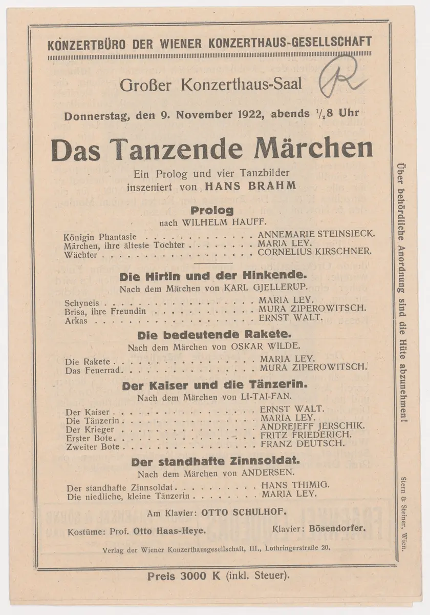 Das Tanzende Märchen, Verweis auf Stücktitel: Die Hirtin und der Hinkende, Verweis auf Stücktitel: Die bedeutende Rakete, Verweis auf Stücktitel: Der Kaiser und die Tänzerin, Verweis auf Stücktitel: Der standhafte Zinnsoldat