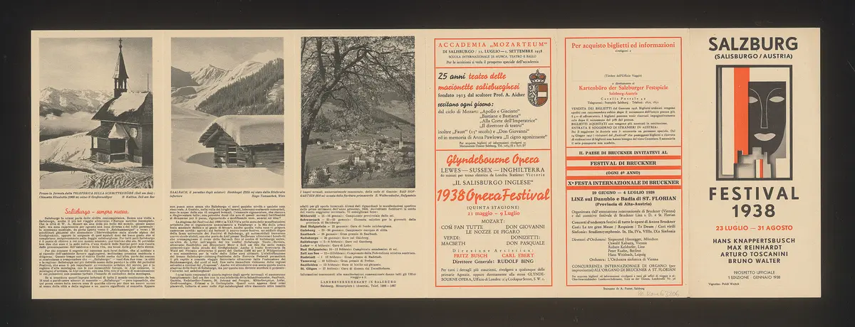 Salzburger Festspiele 1938, Titel in Vorlageform: Salzburg Festival 1938, Verweis auf Stücktitel: Cosi fan tutte, Verweis auf Stücktitel: Don Giovanni, Verweis auf Stücktitel: Falstaff, Verweis auf Stücktitel: Fidelio, Verweis auf Stücktitel: Die Meistersinger von Nürnberg, Verweis auf Stücktitel: Le nozze di figaro, Verweis auf Stücktitel: Orpheus und Eurydike, Verweis auf Stücktitel: Der Rosenkavalier, Verweis auf Stücktitel: Tannhäuser, Verweis auf Stücktitel: Die Zauberflöte, Verweis auf Stücktitel: Jedermann, Verweis auf Stücktitel: Faust
