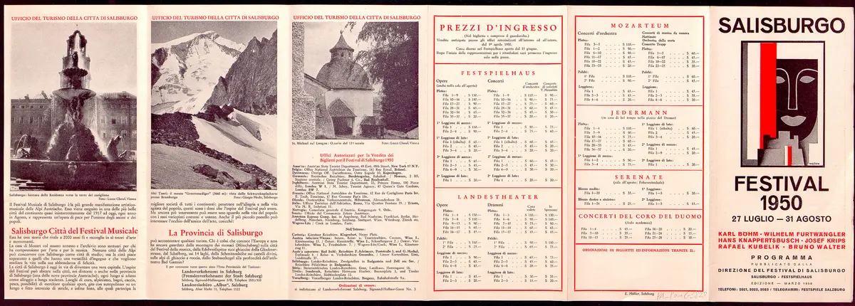 Salzburger Festspiele 1950, Titel in Vorlageform: Salisburgo Festival 1950, Verweis auf Stücktitel: Fidelio, Verweis auf Stücktitel: Romeo und Julia, Verweis auf Stücktitel: Raub der Lukrezia, Verweis auf Stücktitel: Don Giovanni, Verweis auf Stücktitel: Zauberflöte, Verweis auf Stücktitel: Capriccio, Verweis auf Stücktitel: Jedermann, Verweis auf Stücktitel: Der Verschwender, Verweis auf Stücktitel: Was ihr wollt