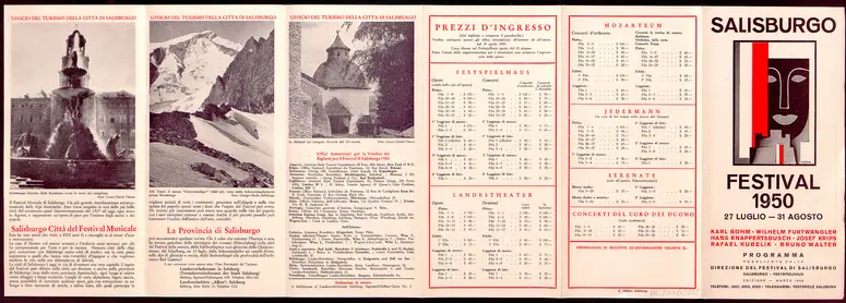 Salzburger Festspiele 1950, Titel in Vorlageform: Salisburgo Festival 1950, Verweis auf Stücktitel: Fidelio, Verweis auf Stücktitel: Romeo und Julia, Verweis auf Stücktitel: Raub der Lukrezia, Verweis auf Stücktitel: Don Giovanni, Verweis auf Stücktitel: Zauberflöte, Verweis auf Stücktitel: Capriccio, Verweis auf Stücktitel: Jedermann, Verweis auf Stücktitel: Der Verschwender, Verweis auf Stücktitel: Was ihr wollt