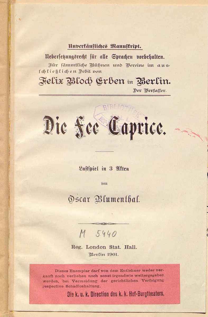 Die Fee Caprice. Lustspiel in 3 Akten