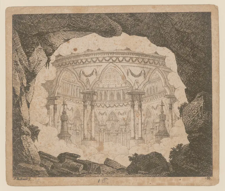 Bathmendi, Titel der Serie: Theaterdecorationen nach den Originalskitzen des k.k. Hoftheatermahlers Joseph Platzer radirt und verlegt von Norbert Bittner