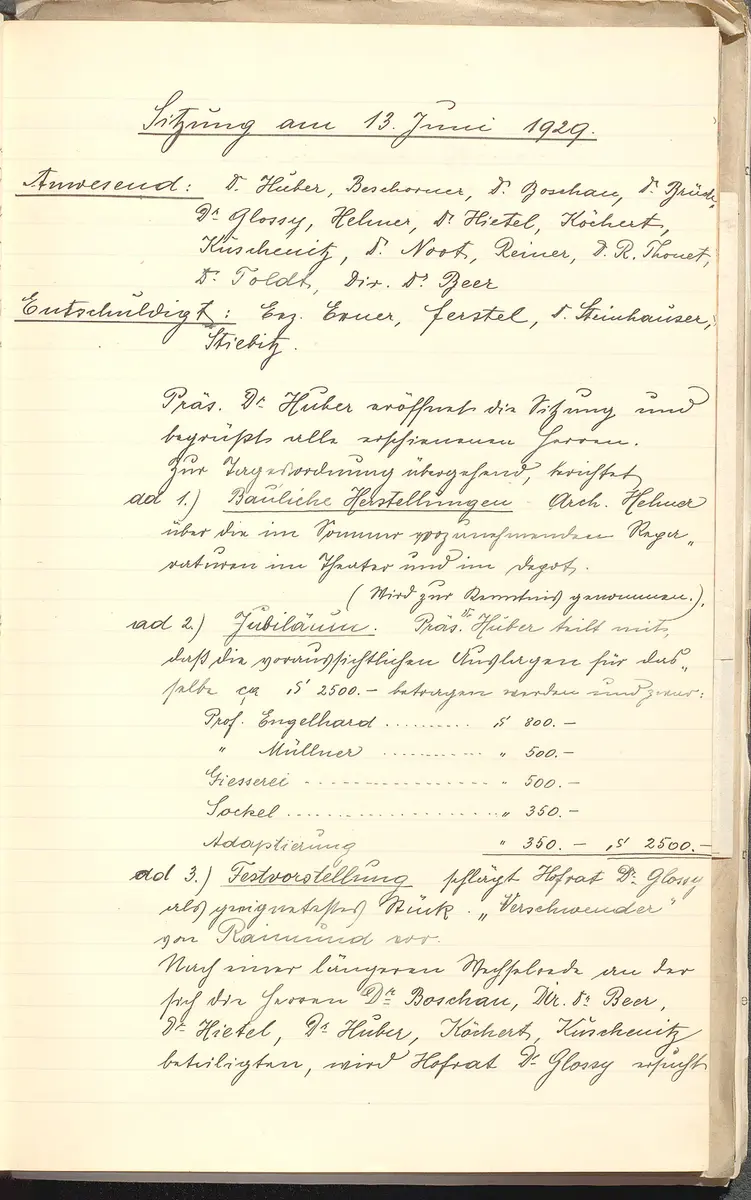 Protokolle der Ausschusssitzungen des Vereines des Deutschen Volkstheaters in Wien