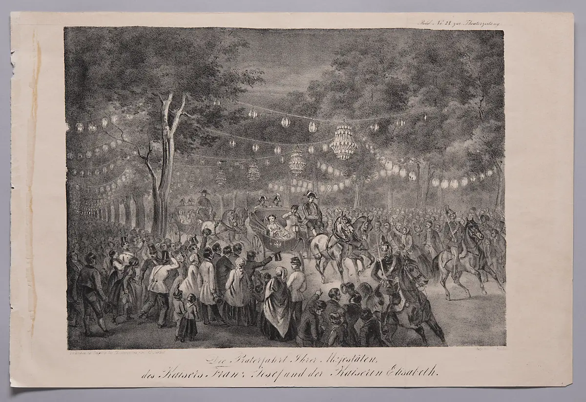 Wien (allgemein), Prater, Titel in Vorlageform: Die Praterfahrt Ihrer Majestäten des Kaisers Franz Josef und der Kaiserin Elisabeth, Titel der Serie: Bild zur Theaterzeitung, Name der Zeitschrift: Wiener Theaterzeitung