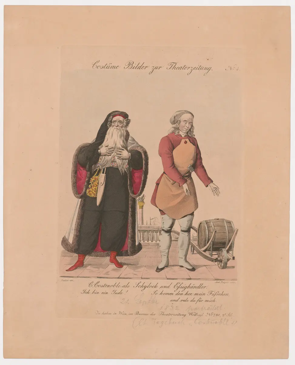 Karl Ludwig Costenoble, Titel der Serie: Costume-Bild, Name der Zeitschrift: Wiener Theaterzeitung, Verweis auf Stücktitel: Der Kaufmann von Venedig