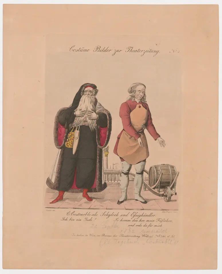 Karl Ludwig Costenoble, Titel der Serie: Costume-Bild, Name der Zeitschrift: Wiener Theaterzeitung, Verweis auf Stücktitel: Der Kaufmann von Venedig