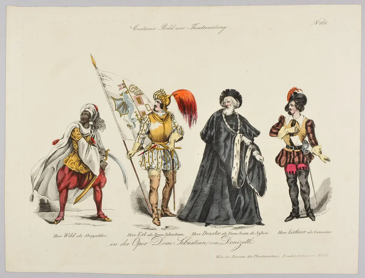 Dom Sebastian, Titel der Serie: Costume-Bild, Name der Zeitschrift: Wiener Theaterzeitung, Alternativtitel: Wild als Abayaldos, Erl als Dom Sebastian, Draxler als Don Juan de Sylva, Leither als Camoens in der Oper Dom Sebastian von Donizetti