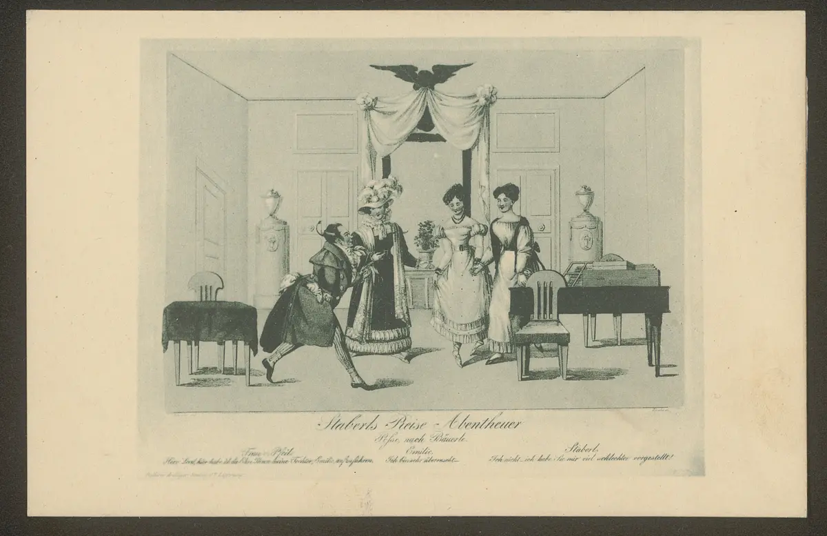 Staberls Reise Abentheuer, Alternativtitel: Staberls Reiseabentheuer, Alternativtitel: Staberls Reiseabenteuer in Frankfurt und München, Titel der Serie: Gallerie drolliger Scenen, Name der Zeitschrift: Wiener Theaterzeitung