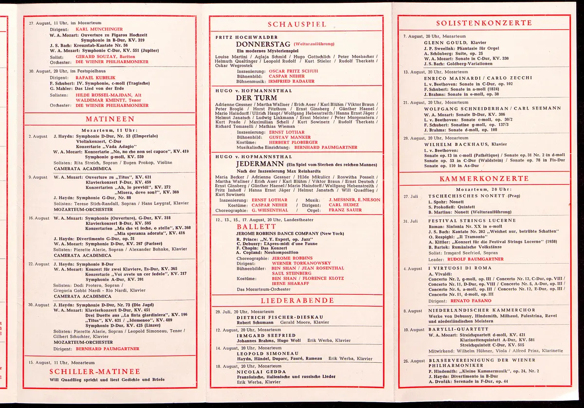 Salzburger Festspiele 1959, Verweis auf Stücktitel: Julietta, Verweis auf Stücktitel: Orpheus und Eurydike, Verweis auf Stücktitel: Die Welt auf dem Monde, Verweis auf Stücktitel: Cosi fan tutte, Der Zauberflöte, Verweis auf Stücktitel: Die schweigsame Frau, Verweis auf Stücktitel: Jedermann, Verweis auf Stücktitel: Donnerstag, Verweis auf Stücktitel: Der Turm