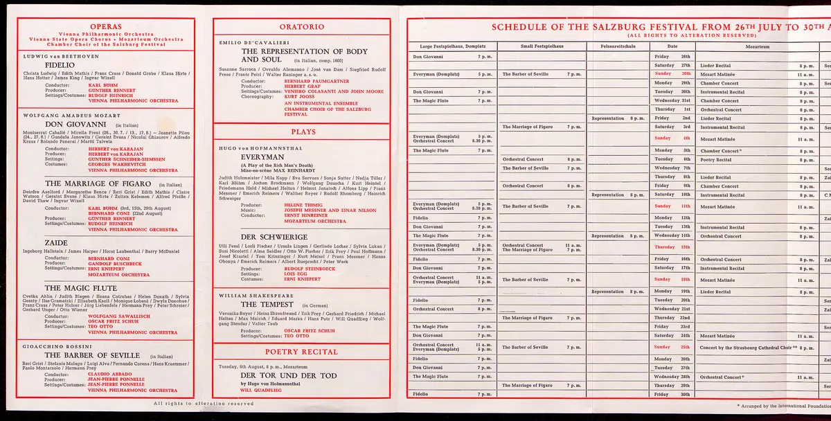 Salzburger Festspiele 1968, Titel in Vorlageform: Salzburg Festival 1968, Verweis auf Stücktitel: Fidelio, Verweis auf Stücktitel: Don Giovanni, Verweis auf Stücktitel: Figaros Hochzeit, Verweis auf Stücktitel: Zaide, Verweis auf Stücktitel: Die Zauberflöte, Verweis auf Stücktitel: Der Barbier von Sevilla, Verweis auf Stücktitel: Rappresentatione di anima e di corpo, Verweis auf Stücktitel: Jedermann, Verweis auf Stücktitel: Der Schwierige, Verweis auf Stücktitel: Der Sturm