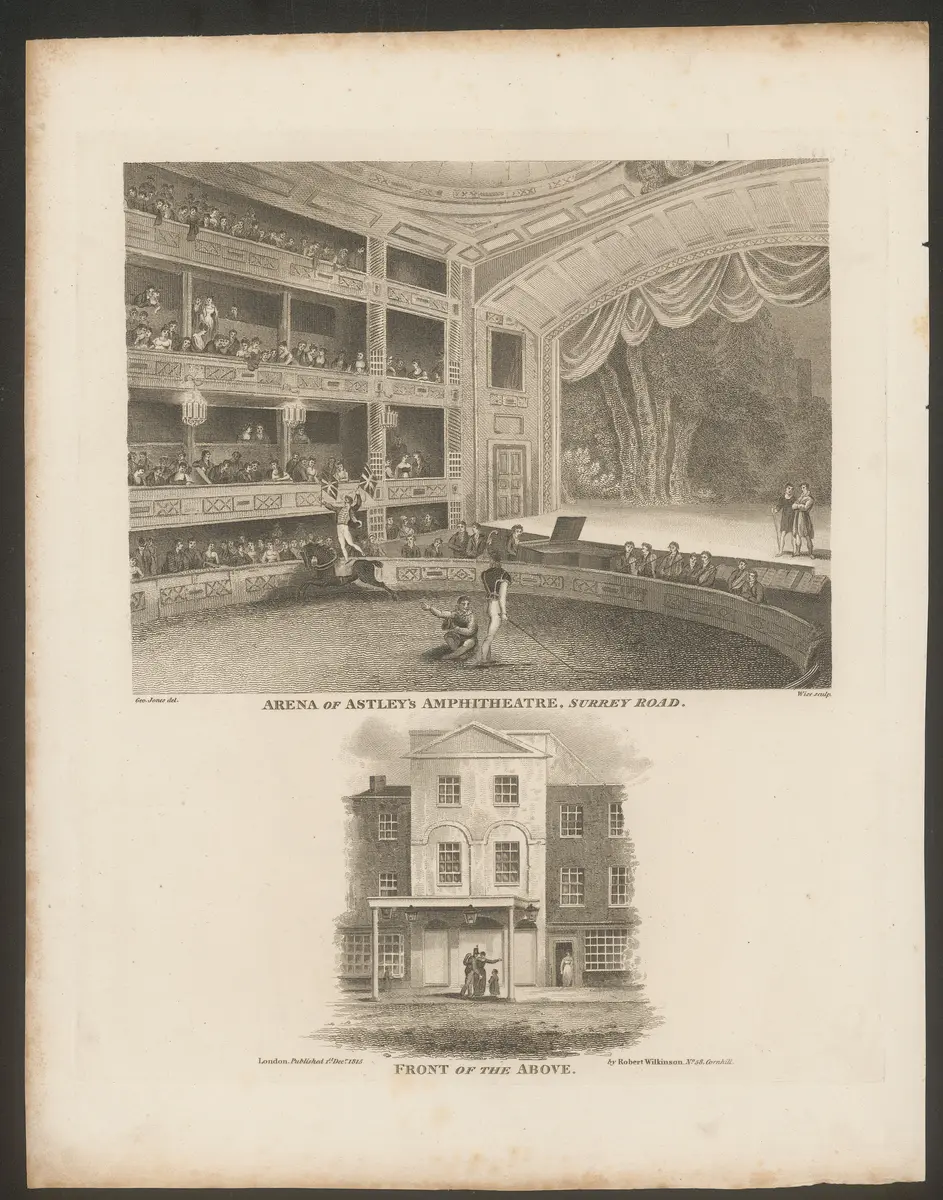 London, Astley's Amphitheatre, Titel in Vorlageform: Arena of Astley's Amphitheatre, Surrey Road. / Front of the above., Titel der Serie: Londina Illustrata