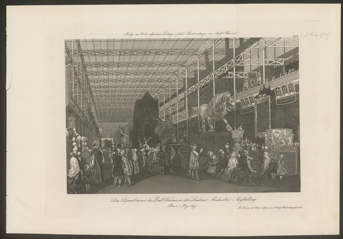 London (allgemein), Industrie-Ausstellung, Titel in Vorlageform: Das Departement des Zoll-Vereins in der Londoner Industrie-Ausstellung, Titel der Serie: Beilage zur Wiener allgemeinen Zeitung (früher Theaterzeitung) von Adolf Bäuerle, Name der Zeitschrift: Wiener Theaterzeitung