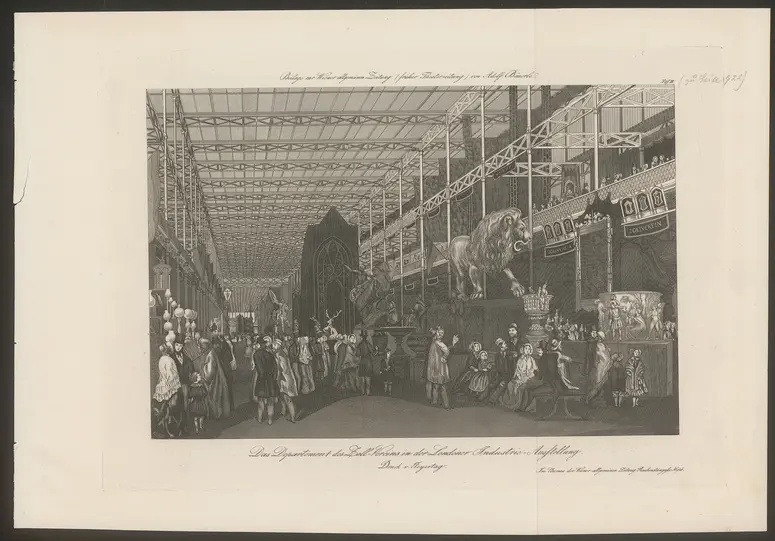 London (allgemein), Industrie-Ausstellung, Titel in Vorlageform: Das Departement des Zoll-Vereins in der Londoner Industrie-Ausstellung, Titel der Serie: Beilage zur Wiener allgemeinen Zeitung (früher Theaterzeitung) von Adolf Bäuerle, Name der Zeitschrift: Wiener Theaterzeitung