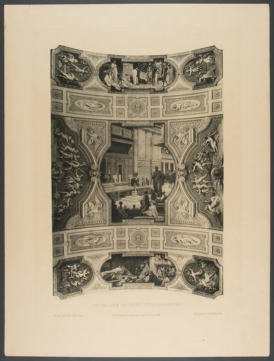 Wien, Burgtheater, Titel in Vorlageform: Decke des rechten Stiegenhauses