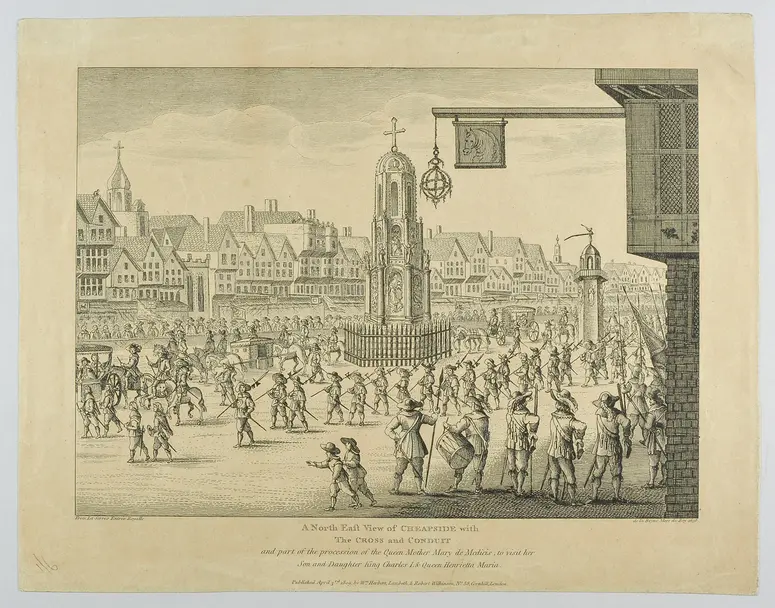 Festzug der Maria de' Medici in London 1638, Titel in Vorlageform: A North East View of Cheapside with the Cross and Conduit and part of the procession of the Queen Mother Mary de Medicis, to visit her Son and Daughter King Charles I & Queen Henrietta Maria, Titel der Serie: Londina Illustrata