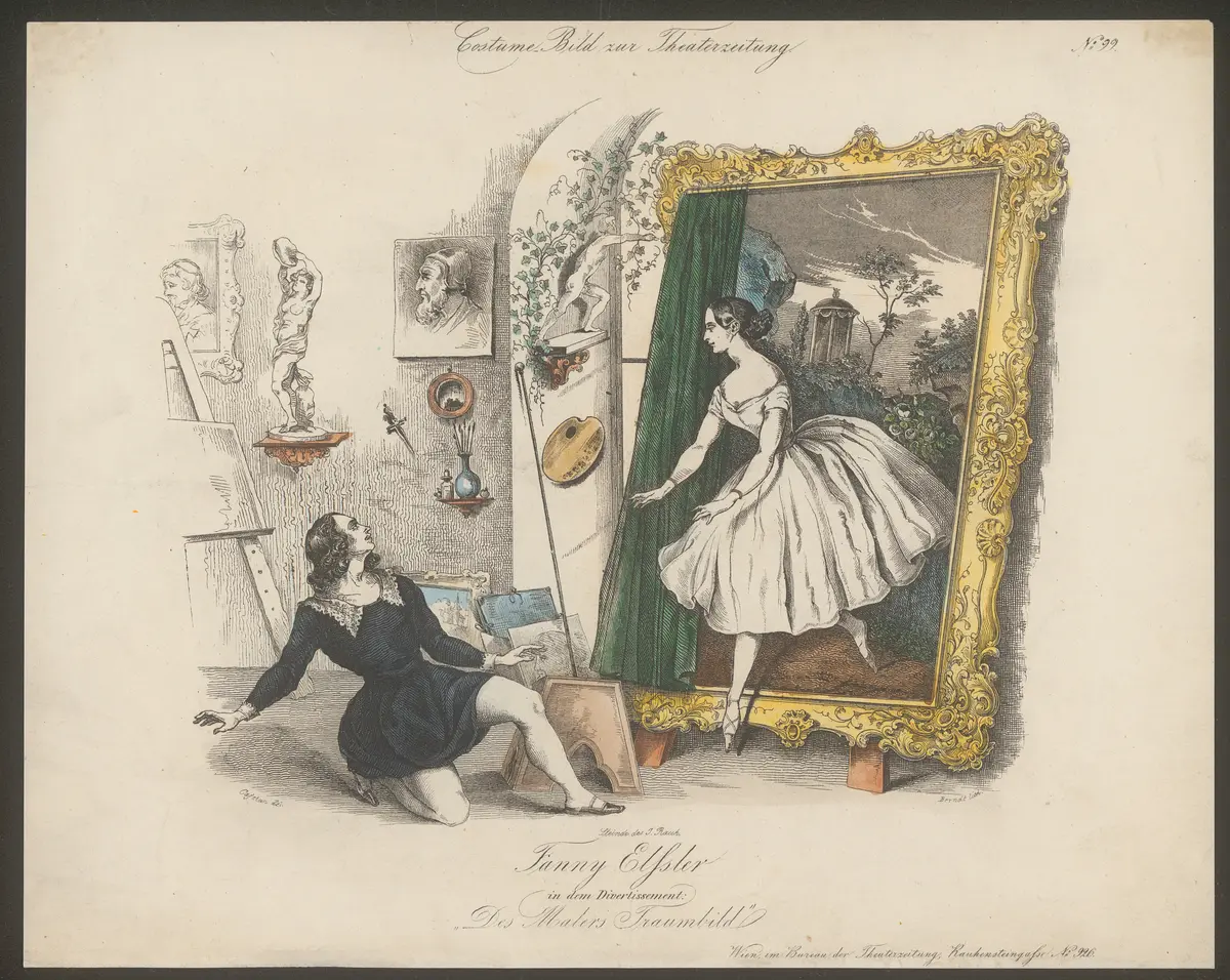 Des Malers Traumbild, Titel in Vorlageform: Fanny Elssler in dem Divertissement: Des Malers Traumbild, Titel der Serie: Costume-Bild, Name der Zeitschrift: Wiener Theaterzeitung