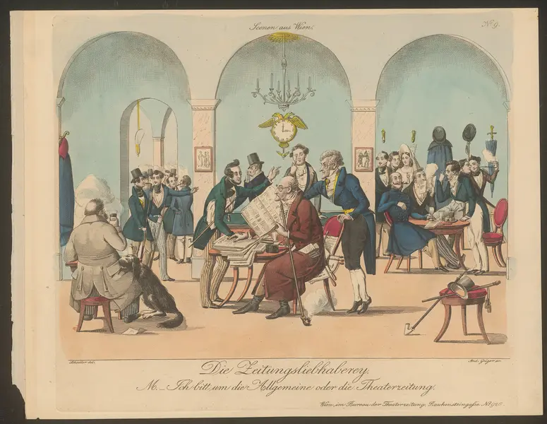 Die Zeitungsliebhaberei. Ich bitt um die Allgemeine oder die Theaterzeitung., Titel der Serie: Wiener Scene, Name der Zeitschrift: Wiener Theaterzeitung