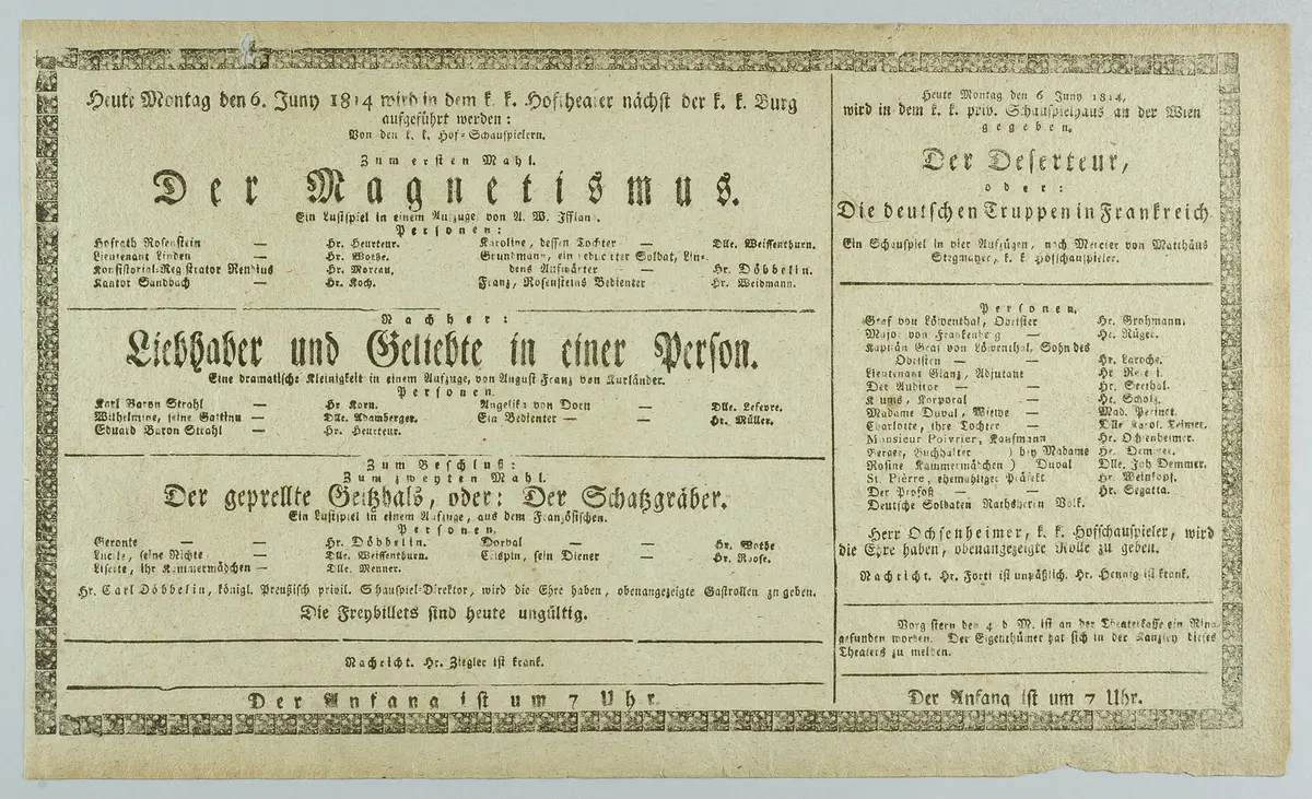 Der Magnetismus, Liebhaber und Geliebte in einer Person, Der geprellte Geitzhals, oder: Der Schatzgräber, Der Deserteur, oder: Die deutschen Truppen in Frankreich