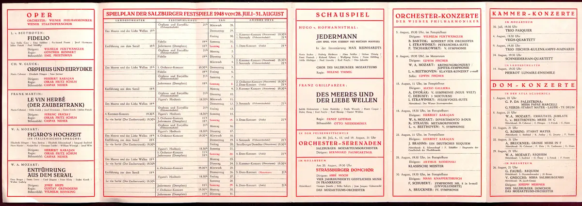 Salzburger Festspiele 1948, Verweis auf Stücktitel: Fidelio, Verweis auf Stücktitel: Orpheus und Eurydike, Verweis auf Stücktitel: Le vin herbé (Der Zaubertrank), Verweis auf Stücktitel: Figaros Hochzeit, Verweis auf Stücktitel: Entführung aus dem Serail, Verweis auf Stücktitel: Jedermann, Verweis auf Stücktitel: Des Meeres und der Liebe Wellen