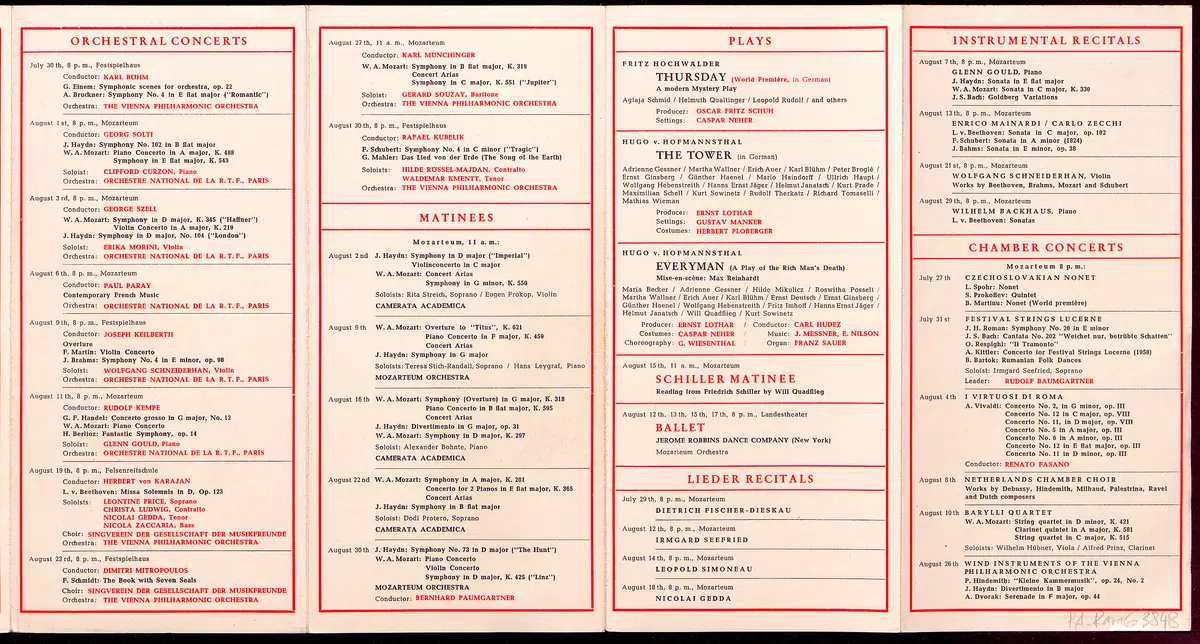 Salzburger Festspiele 1959, Titel in Vorlageform: Salzburg Festival 1959, Verweis auf Stücktitel: Julietta, Verweis auf Stücktitel: Orpheus und Eurydike, Verweis auf Stücktitel: Die Welt auf dem Monde, Verweis auf Stücktitel: Cosi fan tutte, Der Zauberflöte, Verweis auf Stücktitel: Die schweigsame Frau, Verweis auf Stücktitel: Jedermann, Verweis auf Stücktitel: Donnerstag, Verweis auf Stücktitel: Der Turm