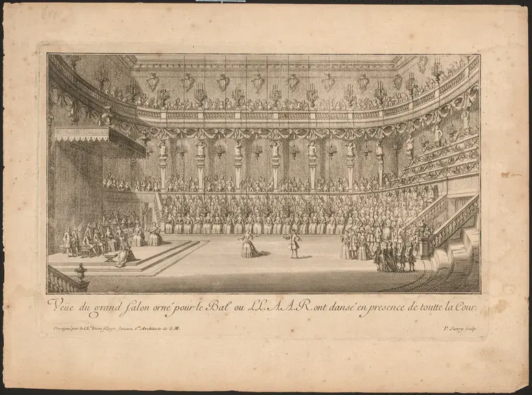 Veüe du grand Salon orné pour le Bal ou LL. AA. R. ont dansé en prensence du toutte la Cour.