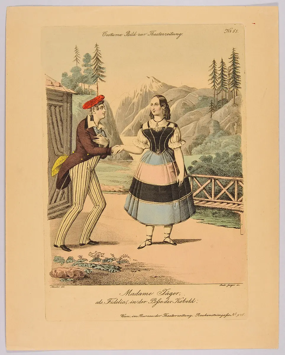 Der Kobold, Alternativtitel: Der Kobold oder Staberl im Feendienst, Titel in Vorlageform: Madame Jäger als Fidelia in der Posse der Kobold, Titel der Serie: Costume-Bild, Name der Zeitschrift: Wiener Theaterzeitung