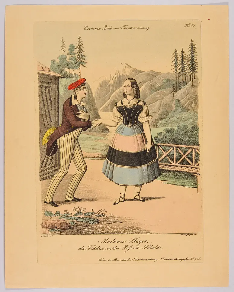 Der Kobold, Alternativtitel: Der Kobold oder Staberl im Feendienst, Titel in Vorlageform: Madame Jäger als Fidelia in der Posse der Kobold, Titel der Serie: Costume-Bild, Name der Zeitschrift: Wiener Theaterzeitung