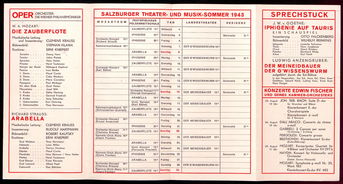 Salzburger Festspiele 1943, Verweis auf Stücktitel: Die Zauberflöte, Verweis auf Stücktitel: Arabella, Verweis auf Stücktitel: Iphigenie auf Tauris, Verweis auf Stücktitel: Der Meineidbauer, Verweis auf Stücktitel: Der G'wissenswurm