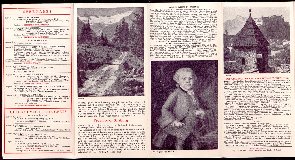 Salzburger Festspiele 1956, Titel in Vorlageform: Salzburg Festival 1956, Verweis auf Stücktitel: Cosi fan tutte, Verweis auf Stücktitel: Don Giovanni, Verweis auf Stücktitel: Entführung aus dem Serail, Figaros Hochzeit, Verweis auf Stücktitel: Idomeneo, Verweis auf Stücktitel: Zauberflöte, Verweis auf Stücktitel: Jedermann, Verweis auf Stücktitel: Egmont