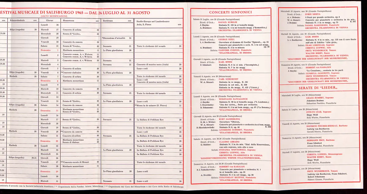 Salzburger Festspiele 1965, Titel in Vorlageform: Salzburgo Festival musicale 1965, Verweis auf Stücktitel: Boris Godunow, Verweis auf Stücktitel: Cosi fan tutte, Verweis auf Stücktitel: Die Entführung aus dem Serail, Verweis auf Stücktitel: Die Gärtnerin aus Liebe, Verweis auf Stücktitel: Ariadne auf Naxos, Verweis auf Stücktitel: Elektra, Verweis auf Stücktitel: Macbeth, Verweis auf Stücktitel: Jedermann, Verweis auf Stücktitel: Faust, Verweis auf Stücktitel: König Ödipus / Ödipus auf Kolonos