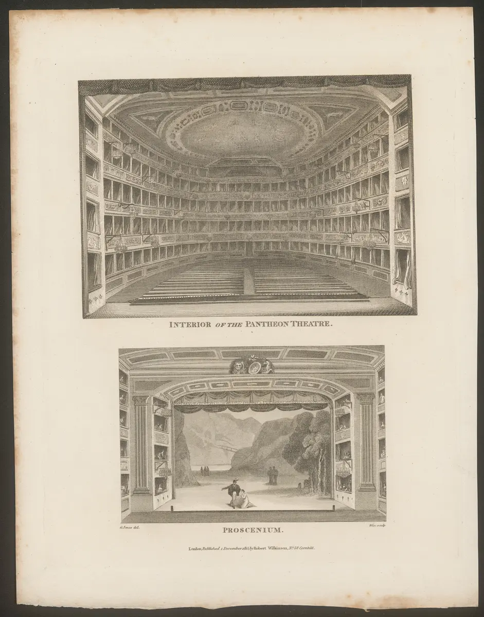 London, Pantheon Theatre, Titel in Vorlageform: Interior of the Pantheon Theatre. / Proscenium., Titel der Serie: Londina Illustrata