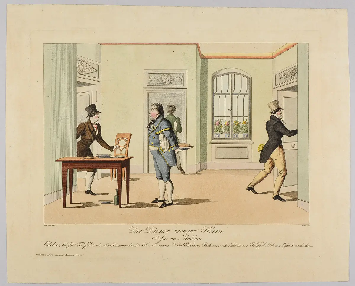Der Diener zweyer Herrn, Alternativtitel: Der Diener zweier Herren, Titel der Serie: Gallerie drolliger Scenen, Name der Zeitschrift: Wiener Theaterzeitung
