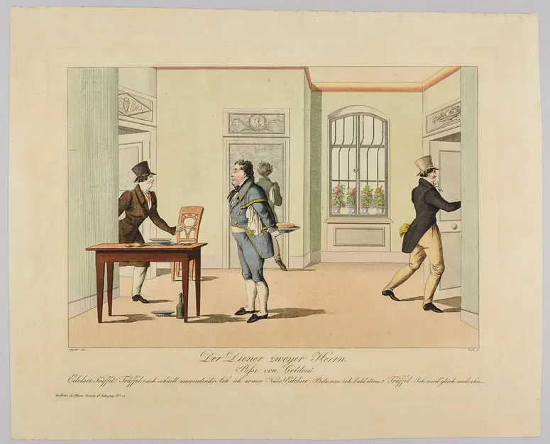 Der Diener zweyer Herrn, Alternativtitel: Der Diener zweier Herren, Titel der Serie: Gallerie drolliger Scenen, Name der Zeitschrift: Wiener Theaterzeitung