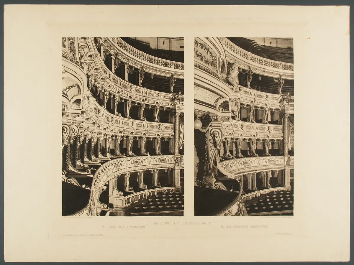 Wien, Burgtheater, Titel in Vorlageform: Ansicht des Logenaufbaues nach der Reconstruction, Titel in Vorlageform: Ansicht des Logenaufbaues in der früheren Anordnung