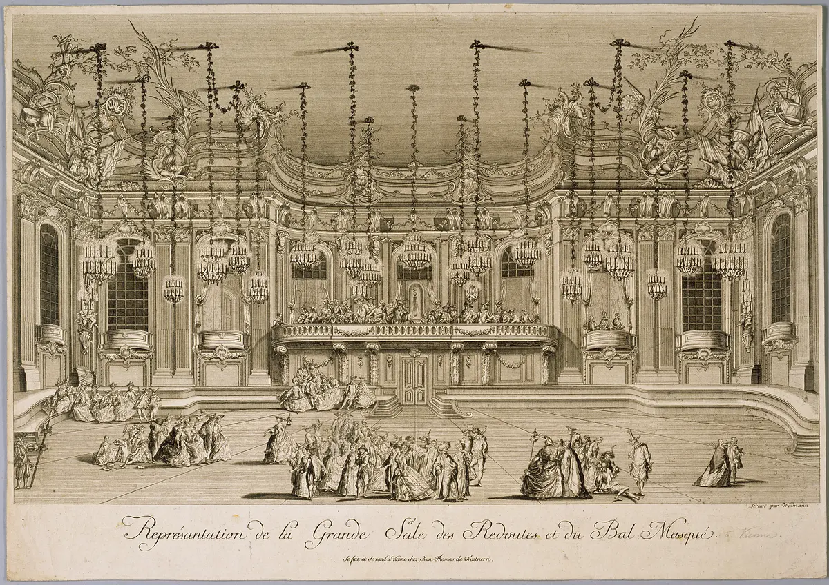 Wien, Redoutensaal, Titel in Vorlageform: Représentation de la Grande Sale des Redoutes et du Bal Masqué.