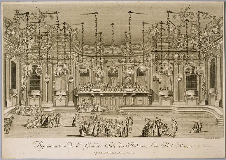 Wien, Redoutensaal, Titel in Vorlageform: Représentation de la Grande Sale des Redoutes et du Bal Masqué.