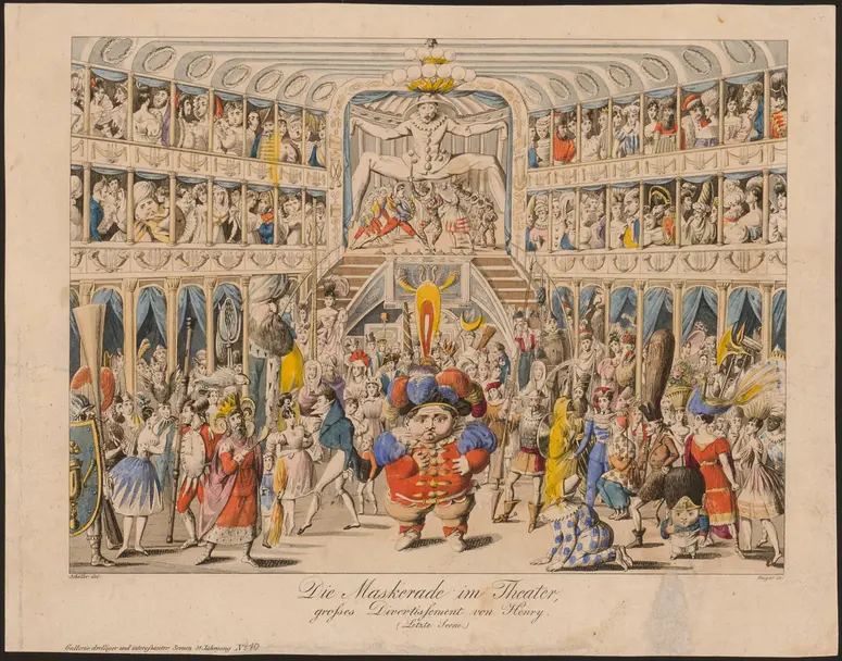 Die Maskerade im Theater, Titel der Serie: Gallerie interessanter und drolliger Scenen, Name der Zeitschrift: Wiener Theaterzeitung