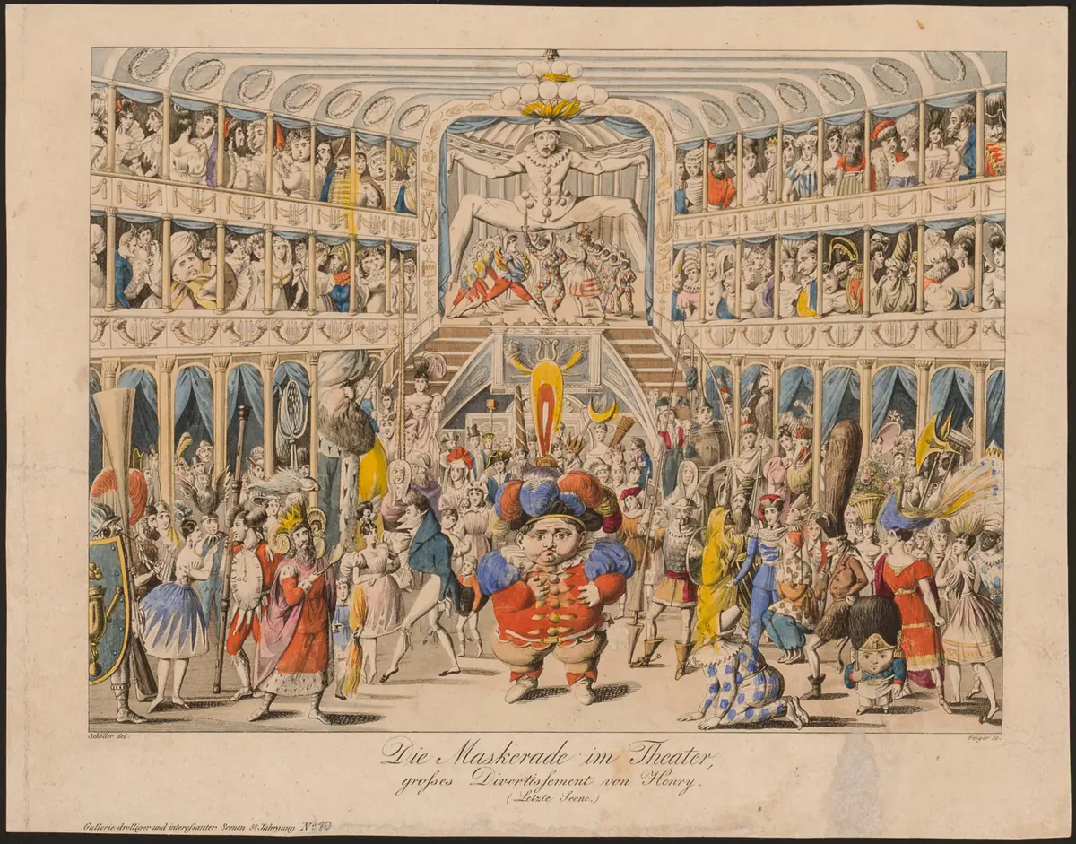 Die Maskerade im Theater, Titel der Serie: Gallerie interessanter und drolliger Scenen, Name der Zeitschrift: Wiener Theaterzeitung