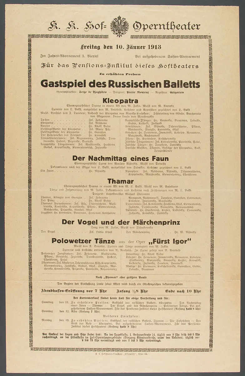 Russisches Ballett, Alternativtitel: Ballets Russes, Verweis auf Stücktitel: Kleopatra, Verweis auf Stücktitel: Der Nachmittag eines Fauns, Verweis auf Stücktitel: Der Vogel und der Märchenprinz, Verweis auf Stücktitel: Polowetzer Tänze aus 