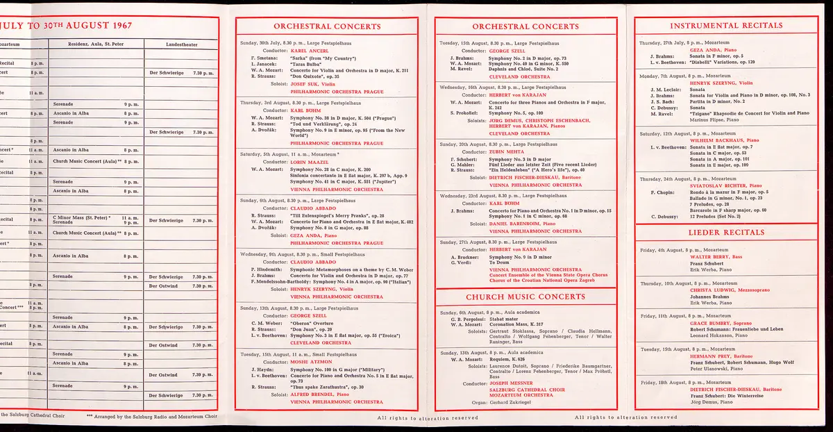 Salzburger Festspiele 1967, Titel in Vorlageform: Salzburg Festival 1967, Verweis auf Stücktitel: Carmen, Verweis auf Stücktitel: Ascanio in Alba, Verweis auf Stücktitel: Die Entführung aus dem Serail, Verweis auf Stücktitel: Figaros Hochzeit, Verweis auf Stücktitel: Die Zauberflöte, Verweis auf Stücktitel: Boris Godunow, Verweis auf Stücktitel: Jedermann, Verweis auf Stücktitel: Der Schwierige, Verweis auf Stücktitel: Ein Sommernachtstraum