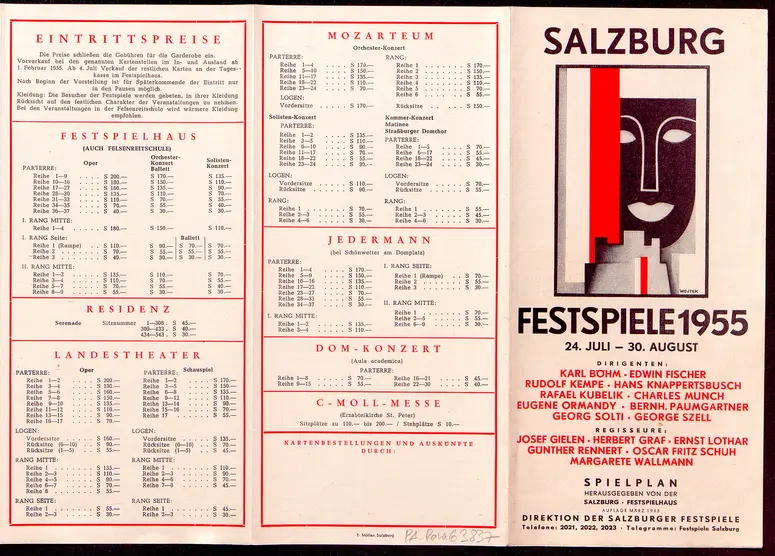 Salzburger Festspiele 1955, Verweis auf Stücktitel: Irische Legende, Verweis auf Stücktitel: Zauberflöte, Verweis auf Stücktitel: Entführung aus dem Serail, Verweis auf Stücktitel: Palestrina, Verweis auf Stücktitel: Ariadne auf Naxos, Verweis auf Stücktitel: Jedermann, Verweis auf Stücktitel: Kabale und Liebe