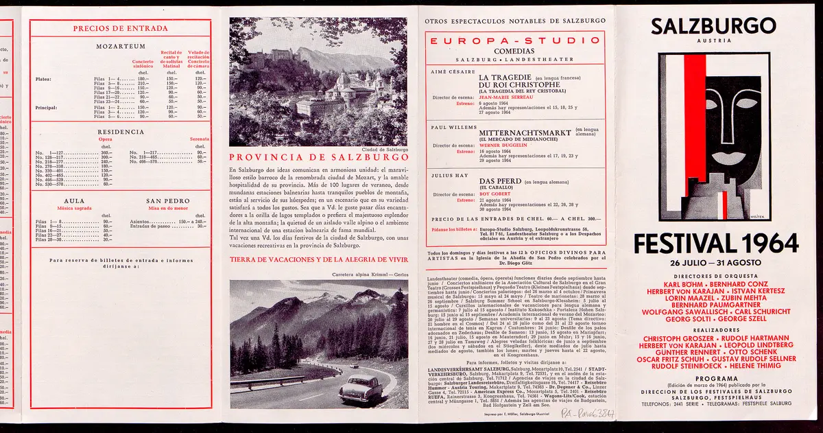 Salzburger Festspiele 1964, Titel in Vorlageform: Salzburgo Festival 1964, Verweis auf Stücktitel: Cosi fan tutte, Verweis auf Stücktitel: Figaros Hochzeit, Verweis auf Stücktitel: Lucio Silla, Verweis auf Stücktitel: Die Zauberflöte, Verweis auf Stücktitel: Ariadne auf Naxos, Verweis auf Stücktitel: Elektra, Verweis auf Stücktitel: Der Rosenkavalier, Verweis auf Stücktitel: Macbeth, Verweis auf Stücktitel: Jedermann, Verweis auf Stücktitel: Faust, Verweis auf Stücktitel: Die lustigen Weiber von Windsor